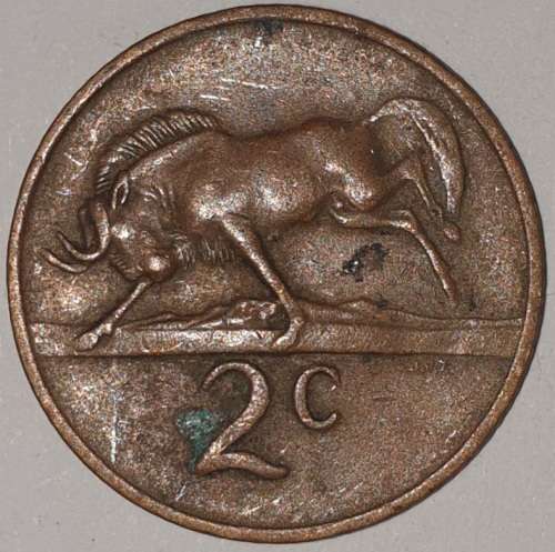 1971 - 2 CENT COIN (TWO CENT COIN) - RSA - BRONZE - KM#83 - BILINGUAL LEGEND - WILDEBEEST